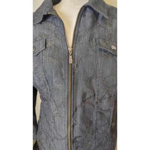 Boho Chic Dark Zip Up Denim Jacket Whimsical Embroidered Embellishment Size 12 - Picture 5 of 9